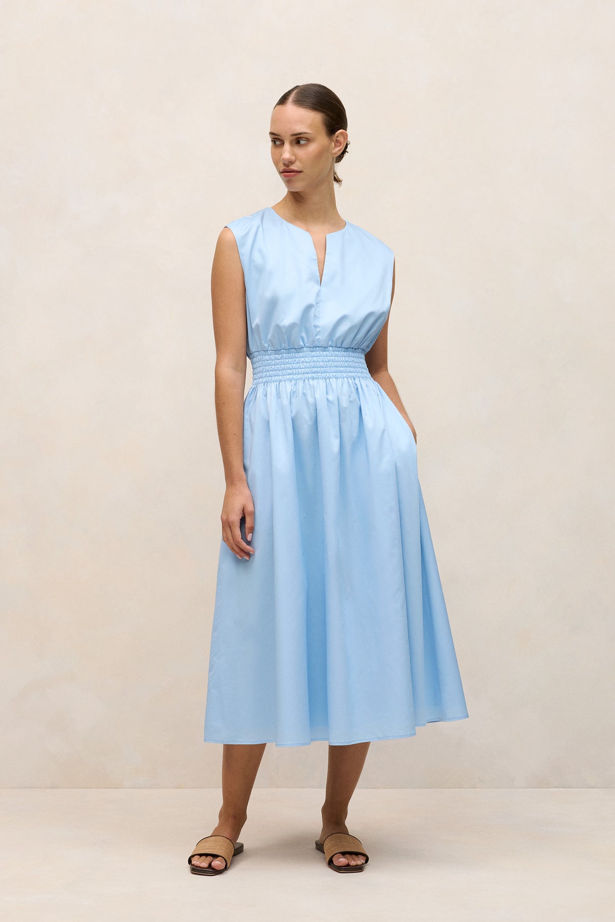 Cotton Sateen Shirred Waist Dress