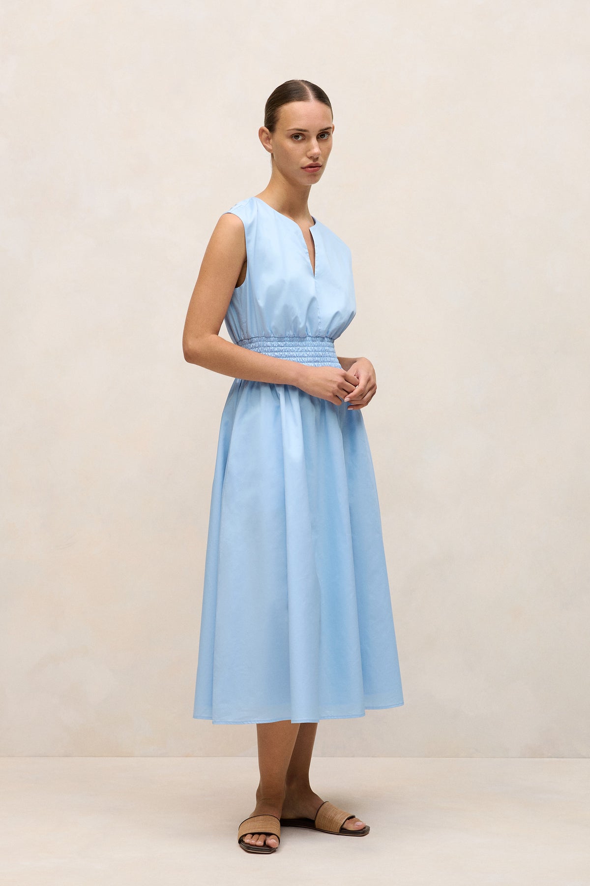 Cotton Sateen Shirred Waist Dress