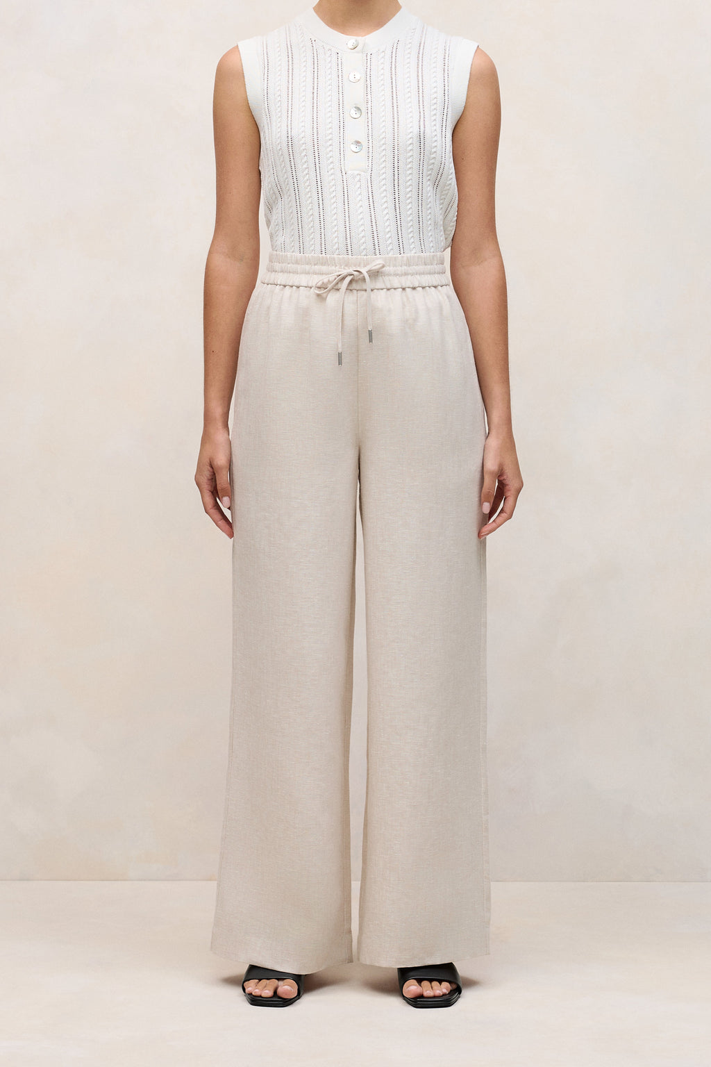 Yarn Dyed Linen Drawcord Wide Leg Pant