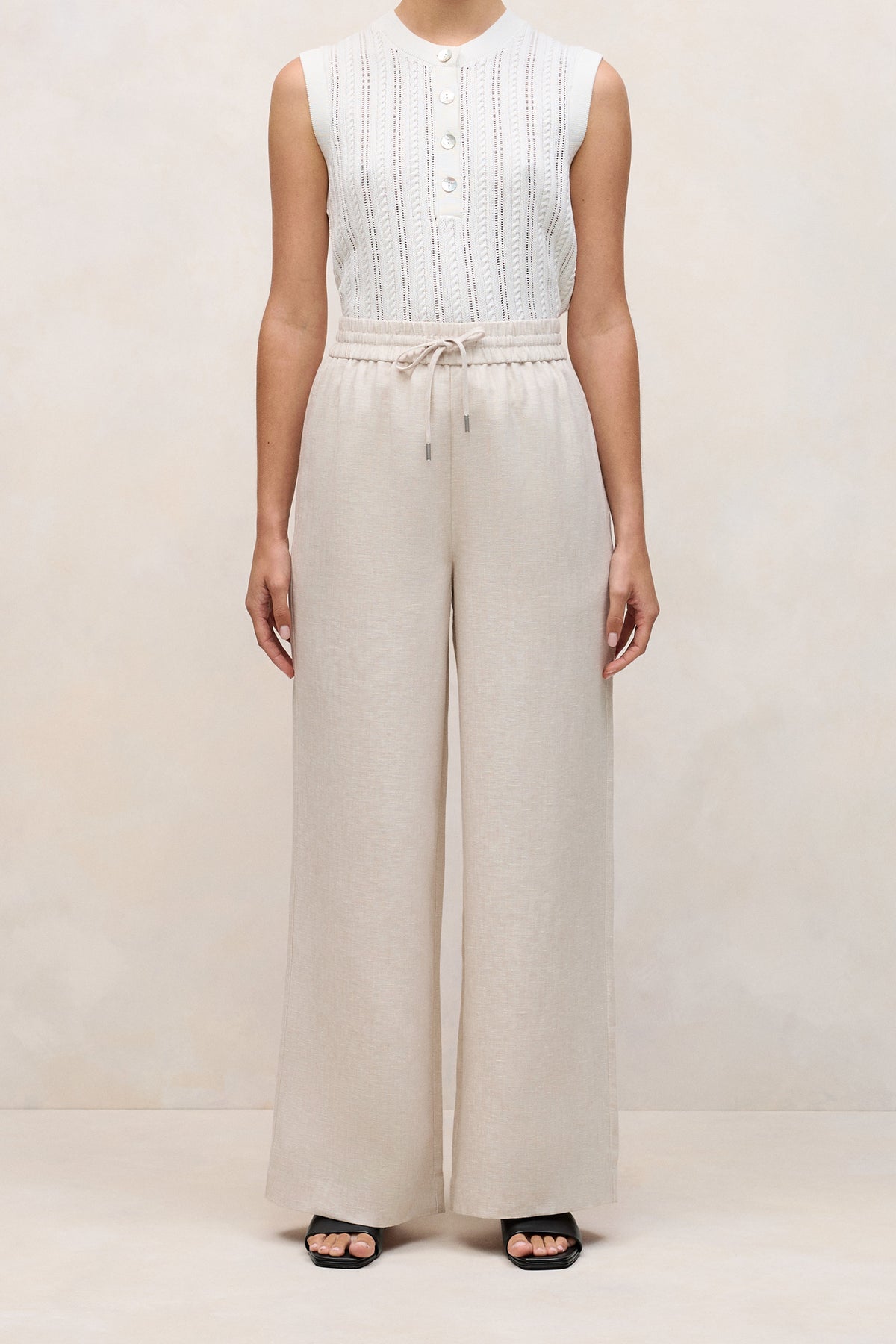 Yarn Dyed Linen Drawcord Wide Leg Pant