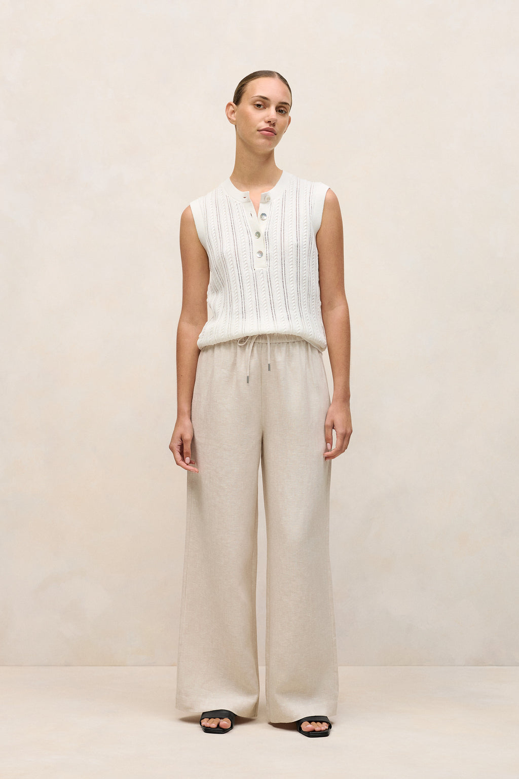 Yarn Dyed Linen Drawcord Wide Leg Pant
