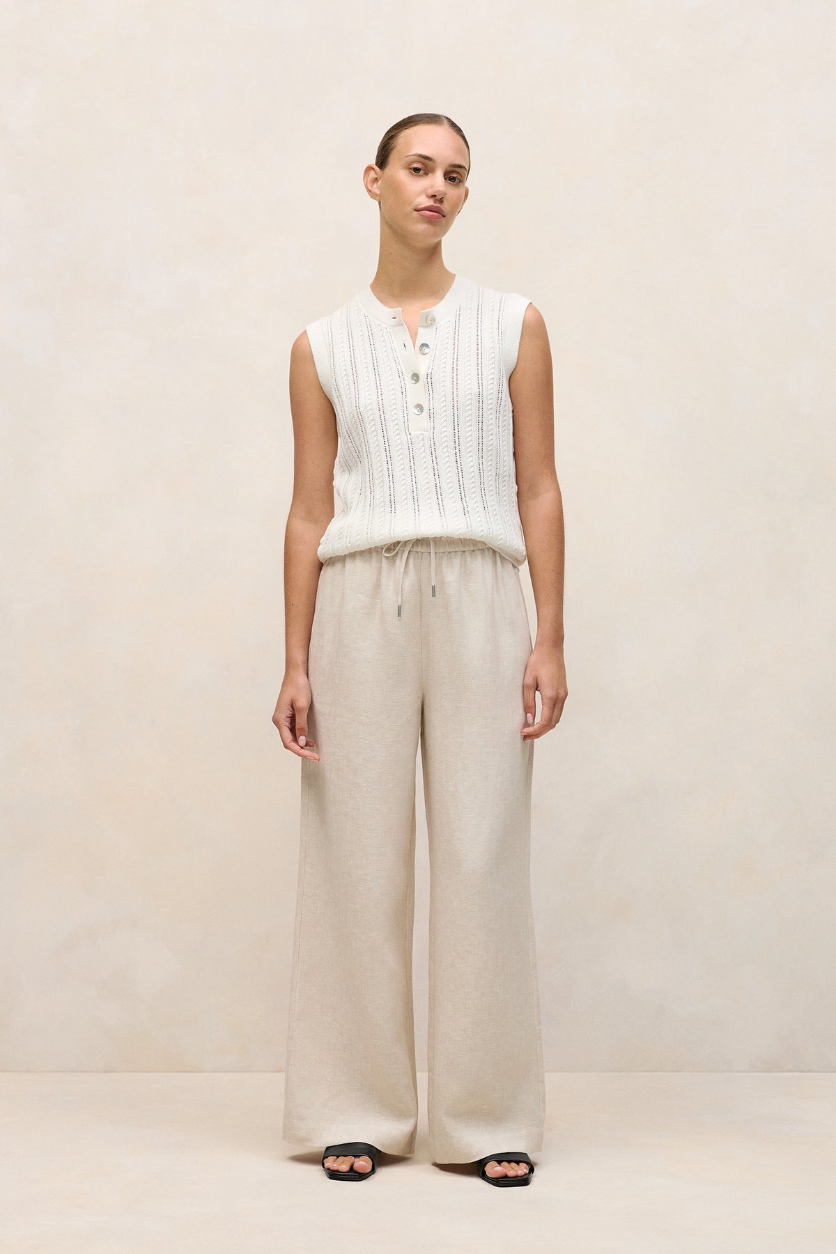 Yarn Dyed Linen Drawcord Wide Leg Pant