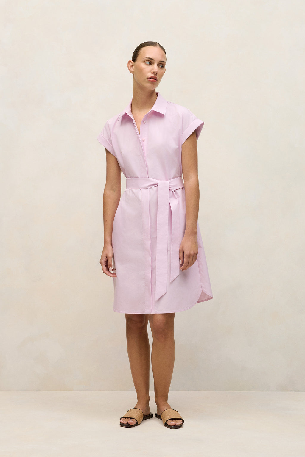 Cotton Poplin Cap Sleeve Shirt Dress