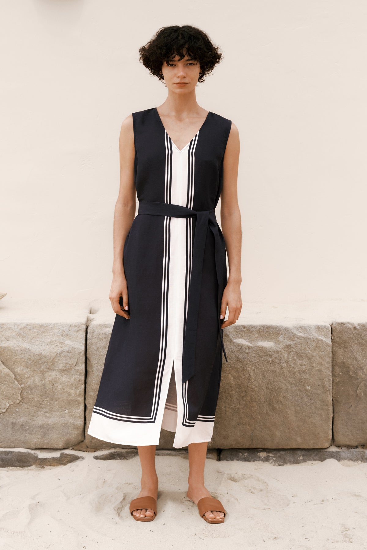 Linen Blend Border Print Dress