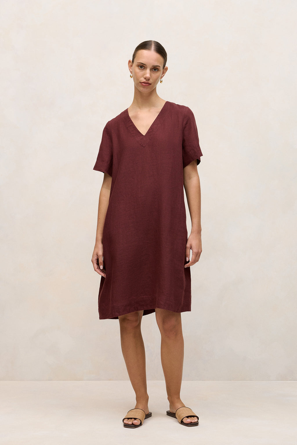 Delave Linen V Neck Popover Shift Dress