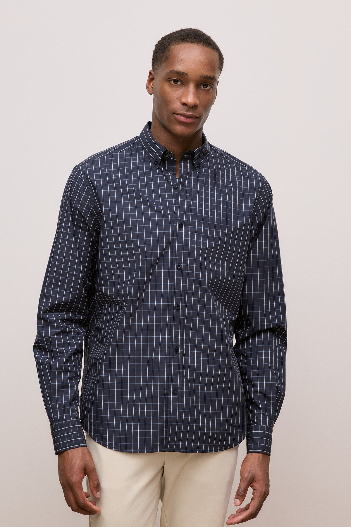 Regular Fit Poplin Grid Long Sleeve Shirt
