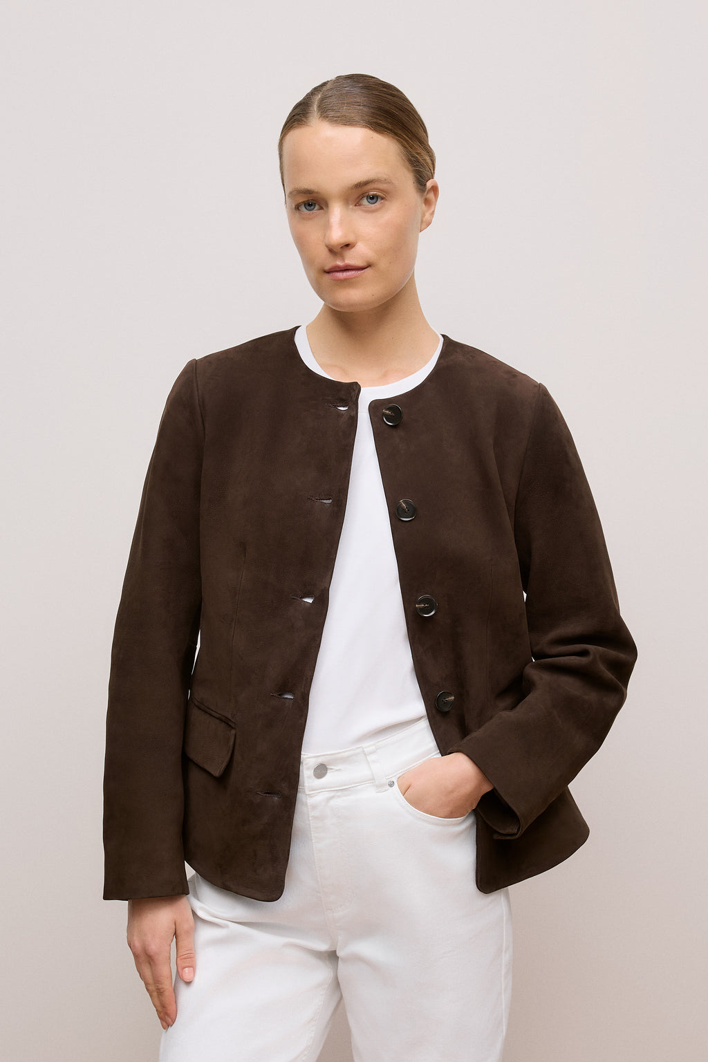 Suede Collarless Jacket