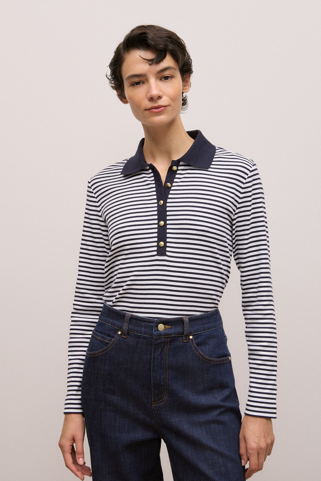 Cotton Stripe Button Detail Polo