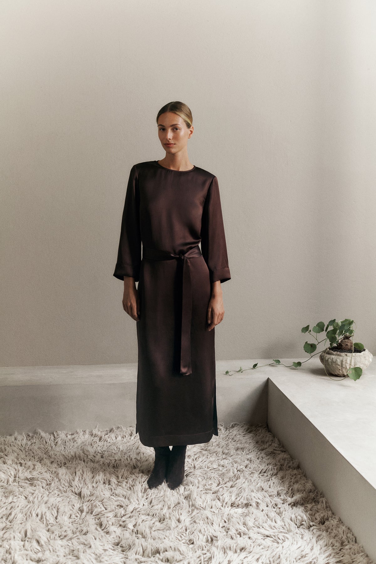 Satin Belted Column Dress