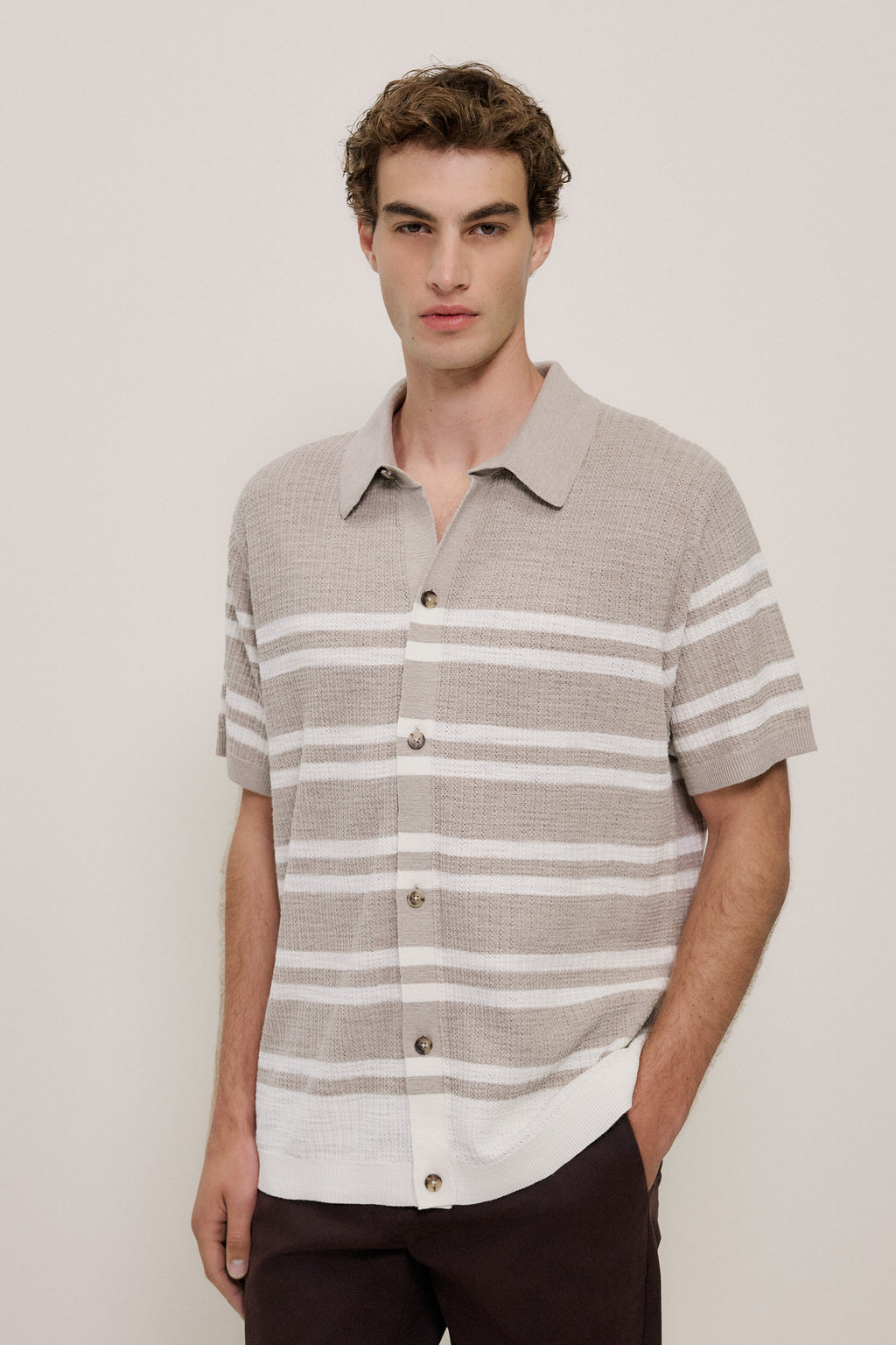 Cotton Linen Stripe Knit Shirt