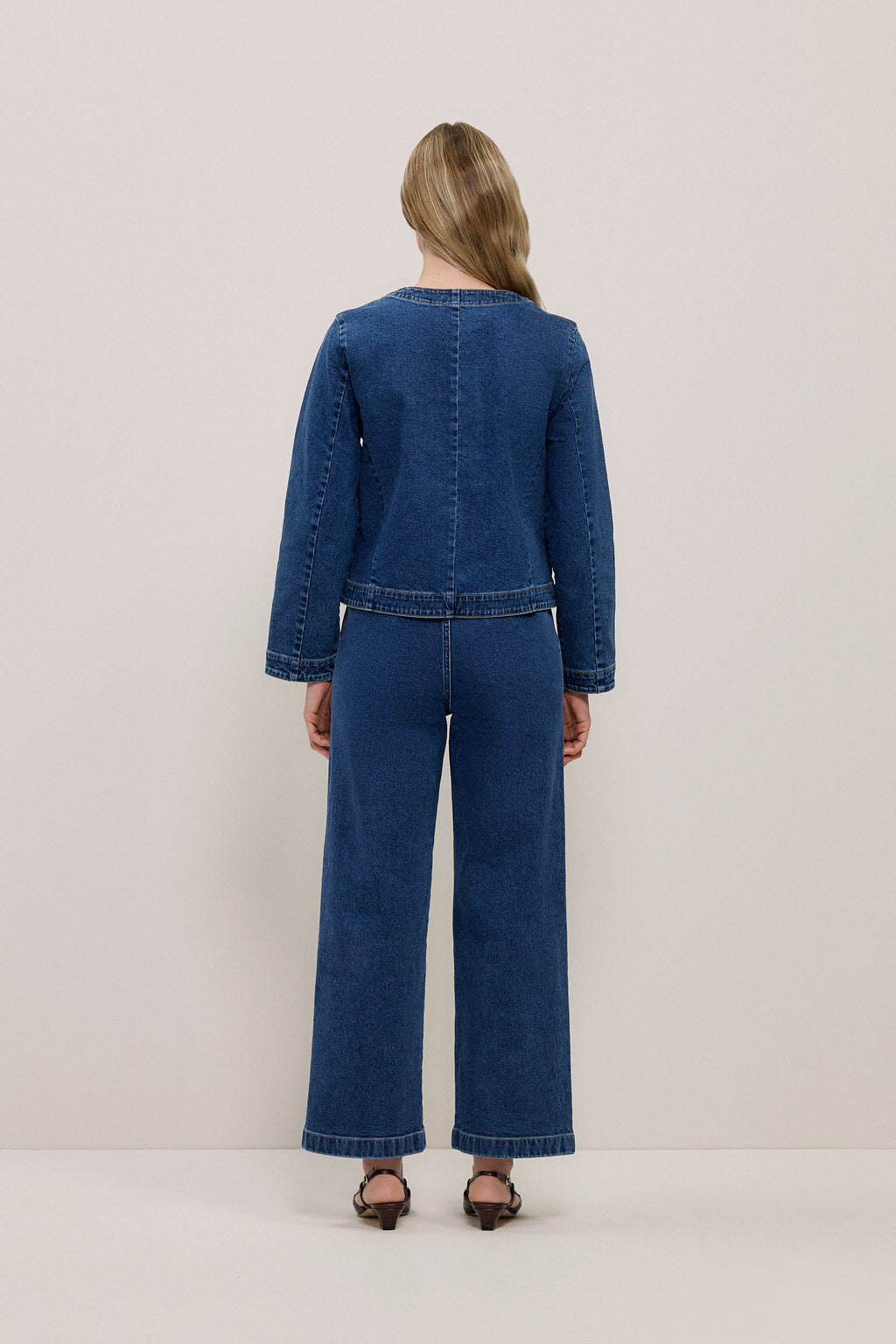 Collarless Cropped Denim Jacket