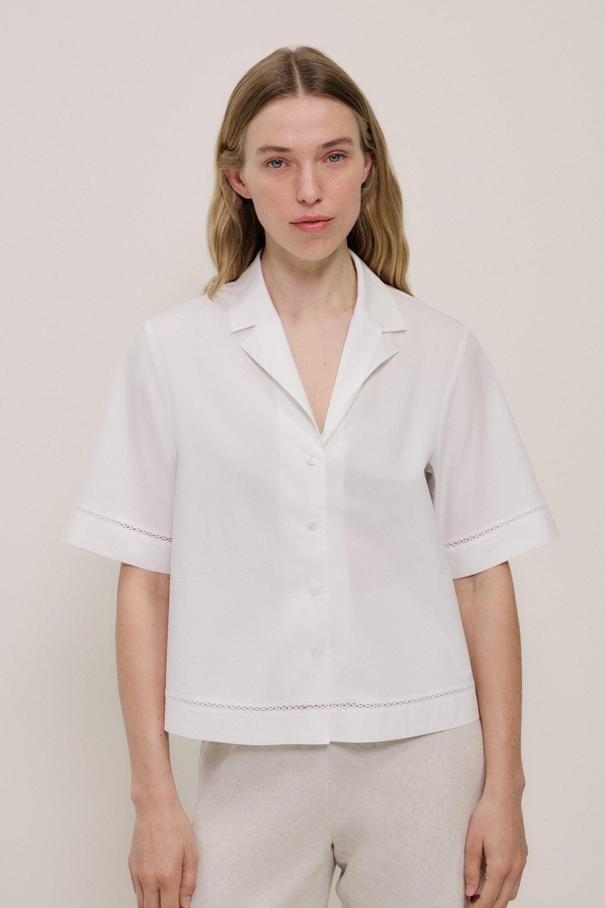 Poplin Lattice Trim Short Sleeve Shirt
