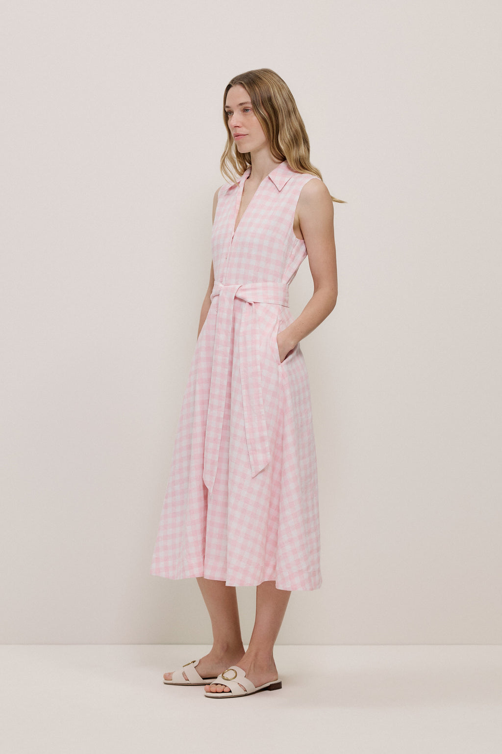 Gingham Linen Sleeveless Shirt Dress
