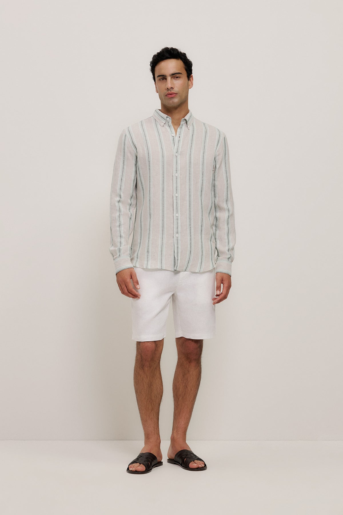 Yarn Dyed Linen Multi Stripe Long Sleeve Shirt