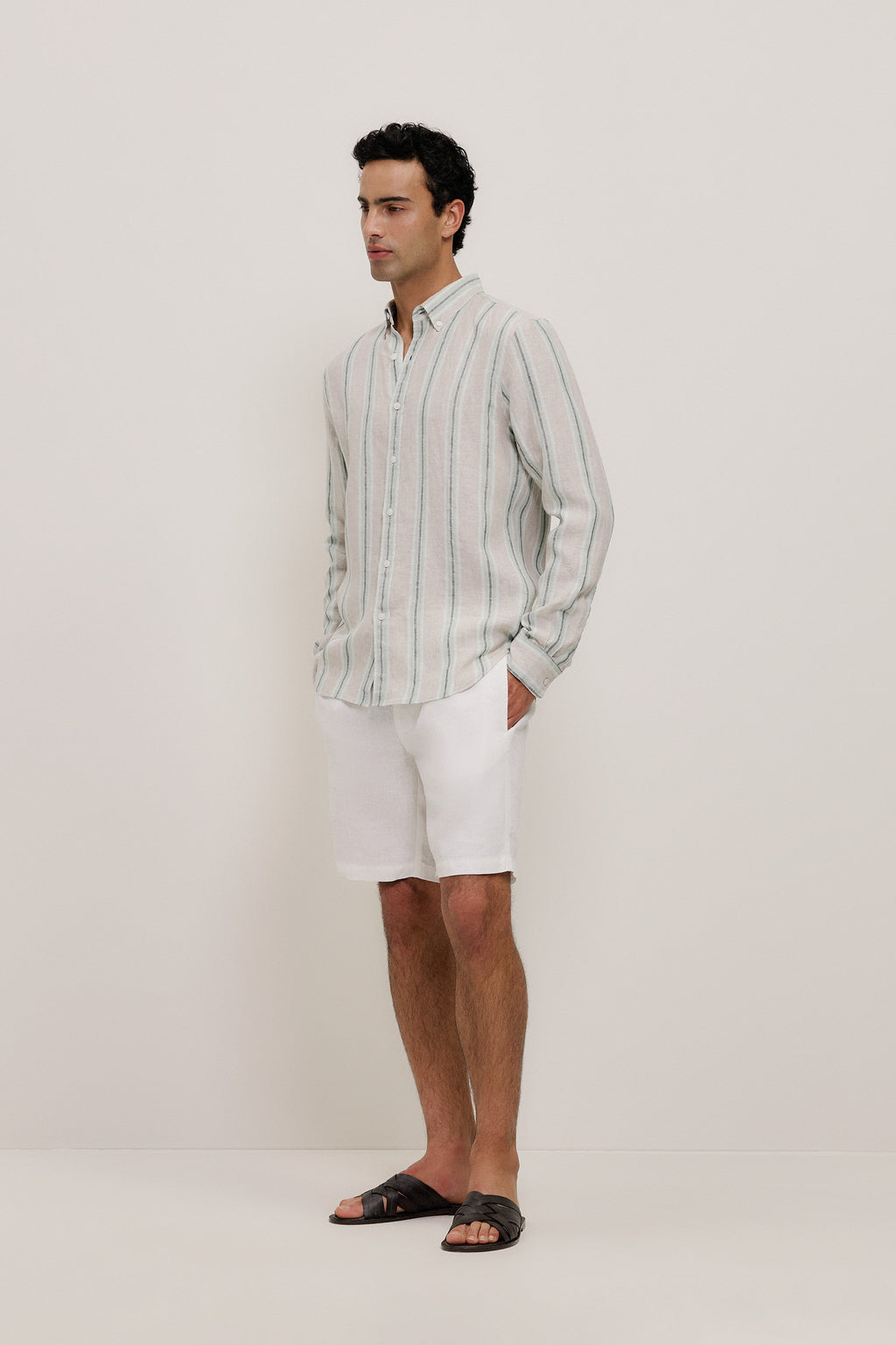 Yarn Dyed Linen Multi Stripe Long Sleeve Shirt