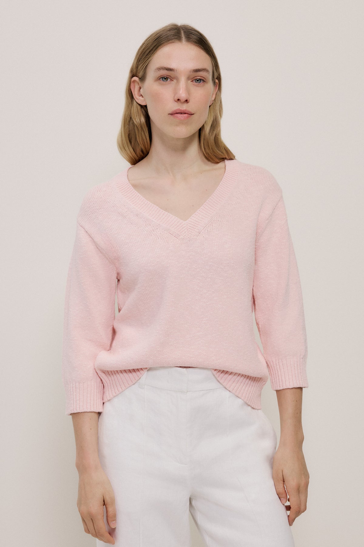 Cotton Linen Textured V Neck Knit