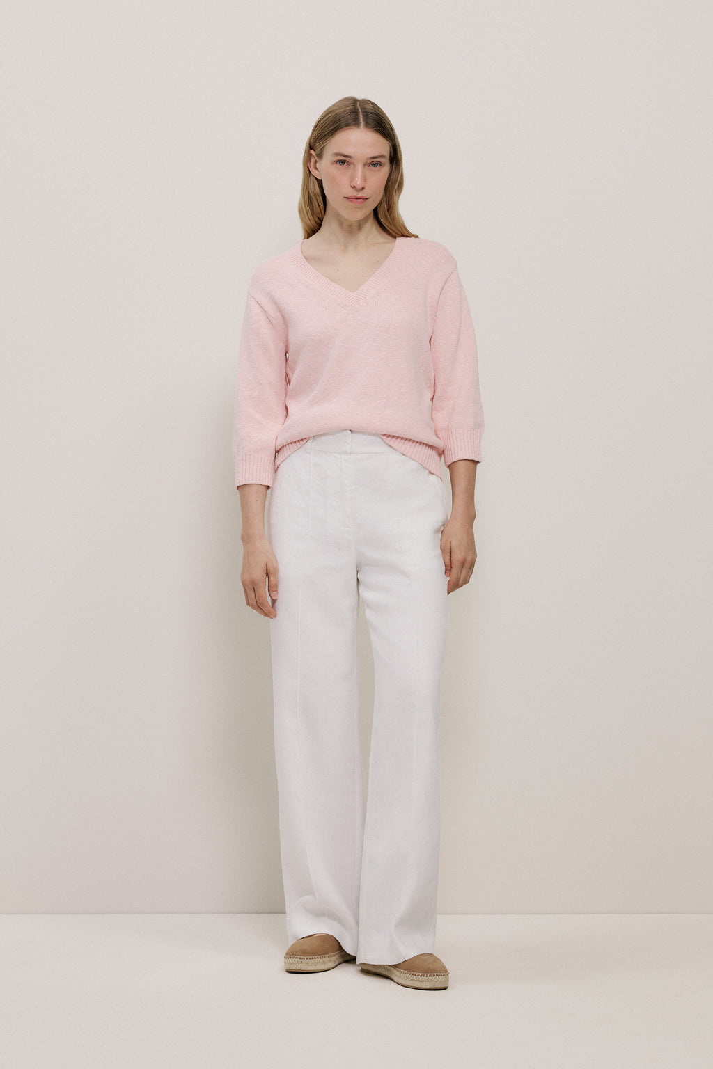 Cotton Linen Textured V Neck Knit