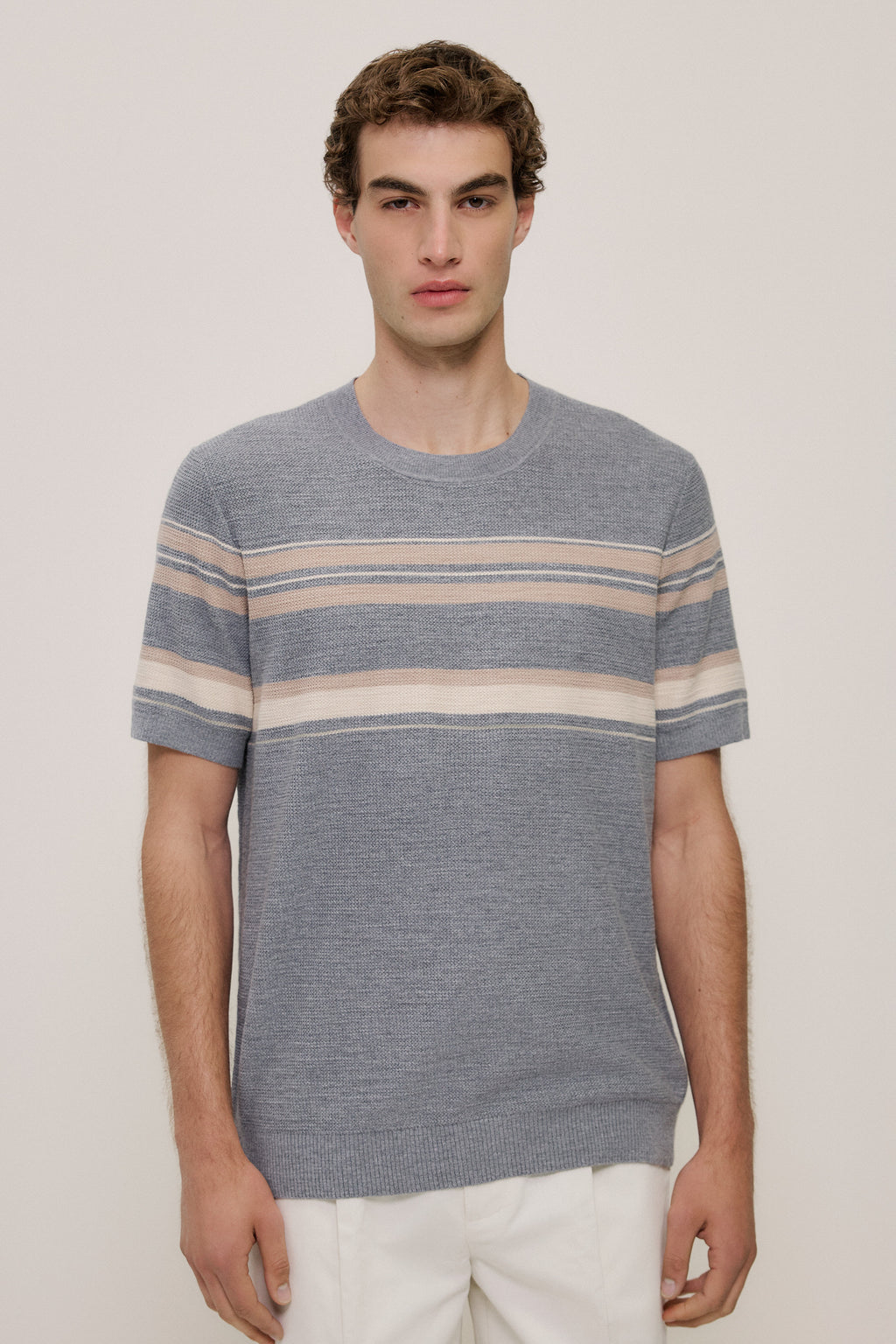 Cotton Linen Stripe Knit T-shirt