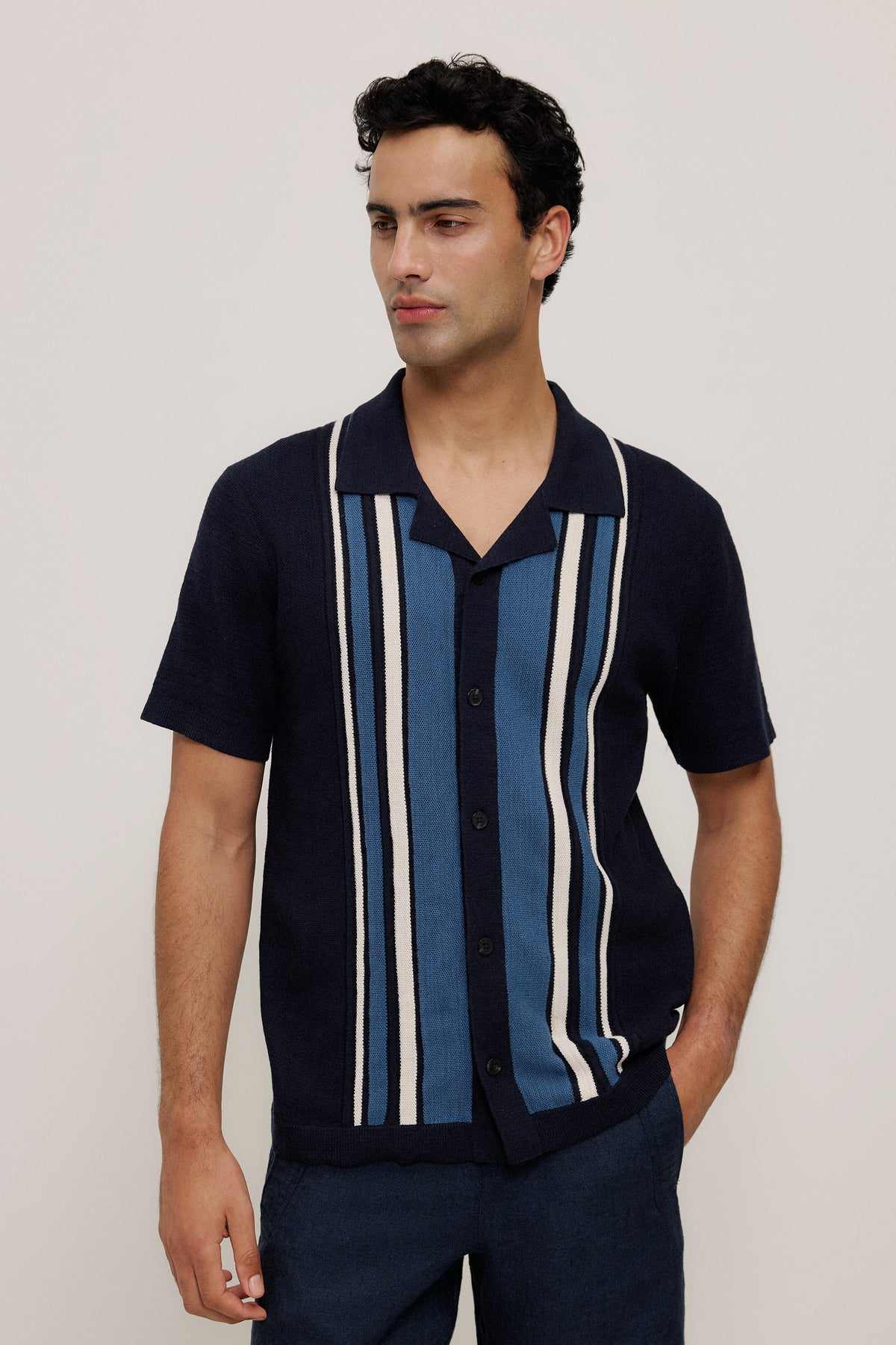 Cotton Linen Stripe Knit Shirt