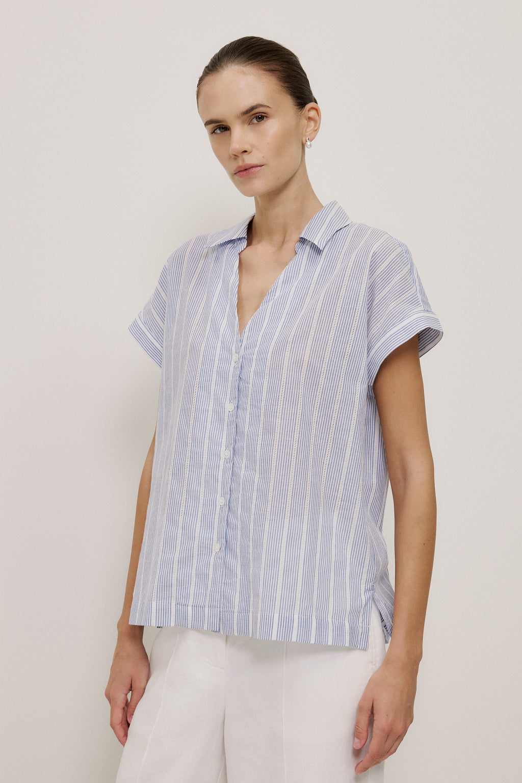 Cotton Stripe Lattice Detail Shirt