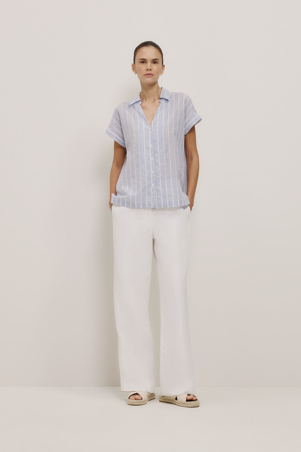 Cotton Stripe Lattice Detail Shirt