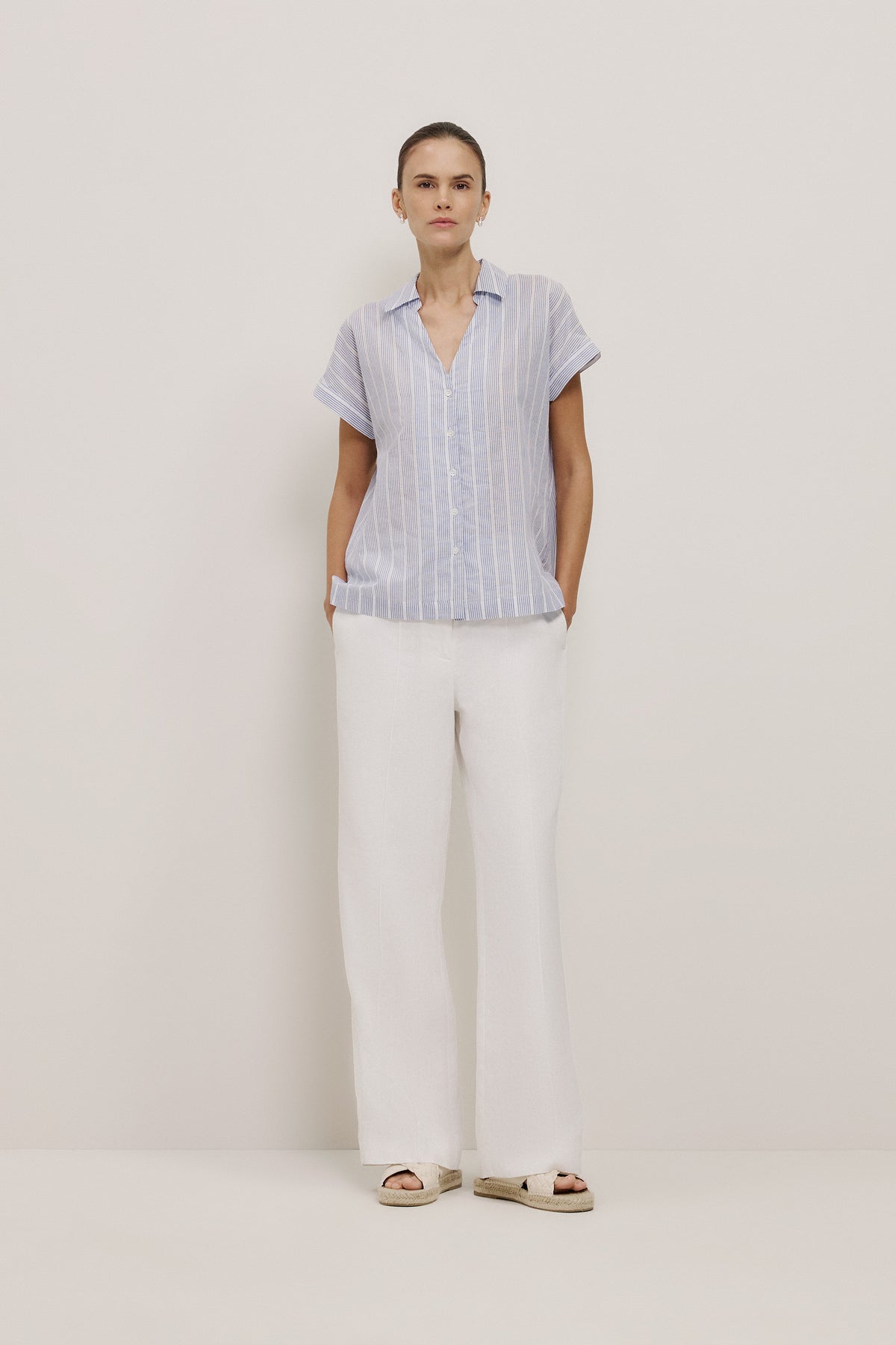 Cotton Stripe Lattice Detail Shirt