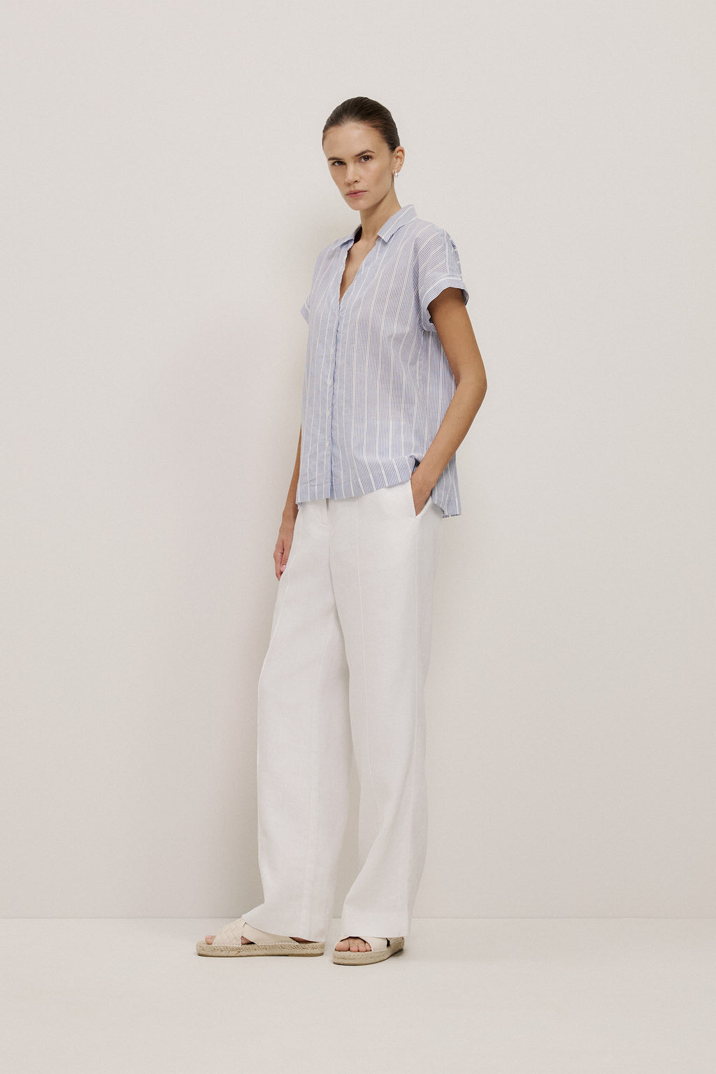 Cotton Stripe Lattice Detail Shirt