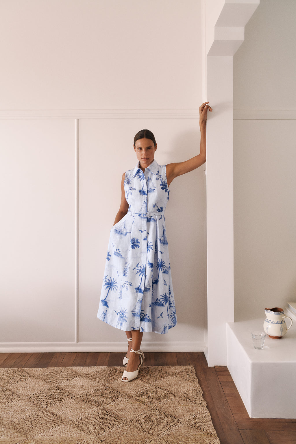 Toile Print Sleeveless Shirt Dress