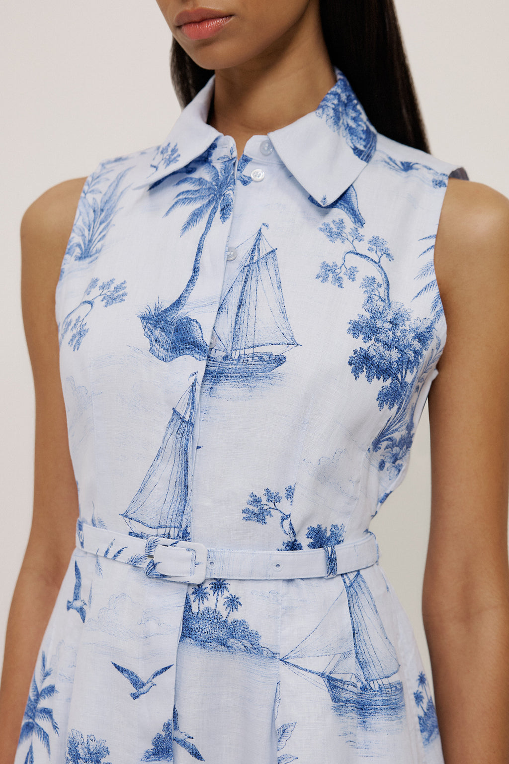 Toile Print Sleeveless Shirt Dress