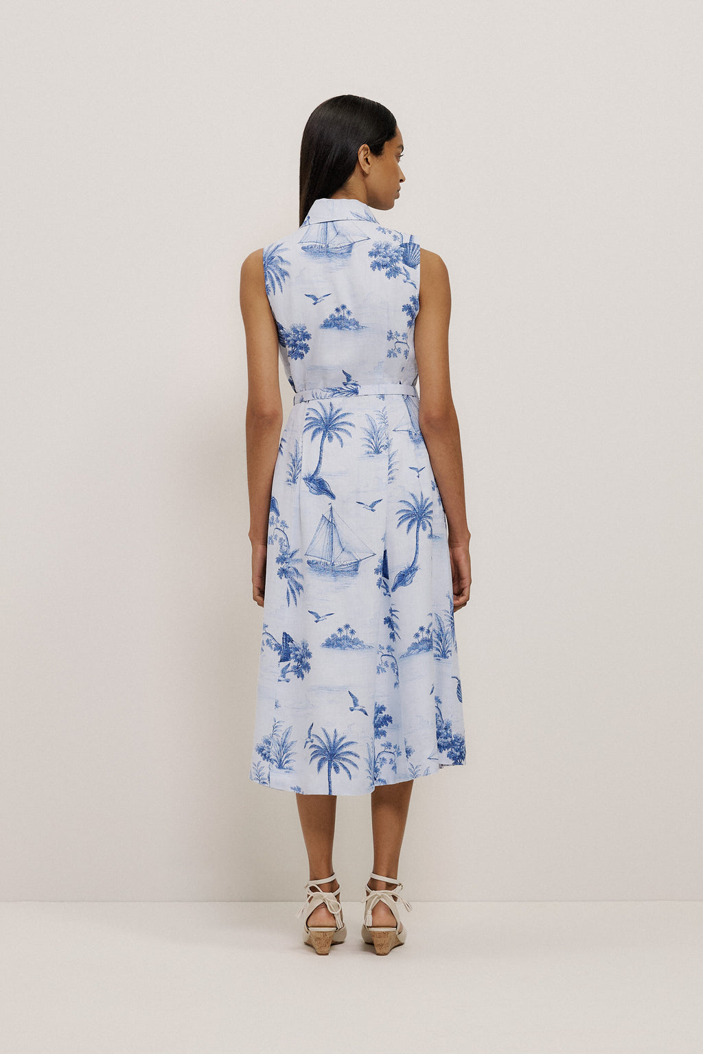 Toile Print Sleeveless Shirt Dress