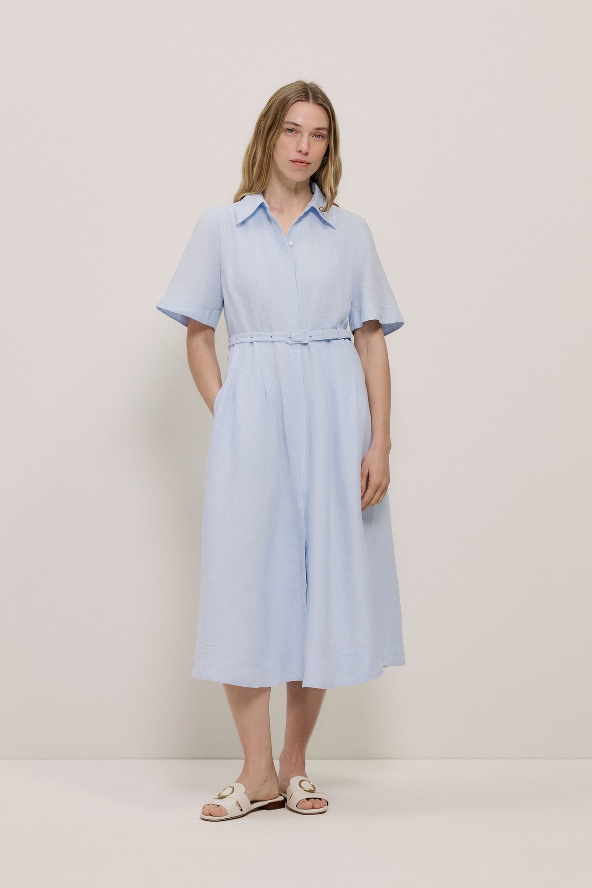 Linen Belted Short Sleeve Shirt Dress