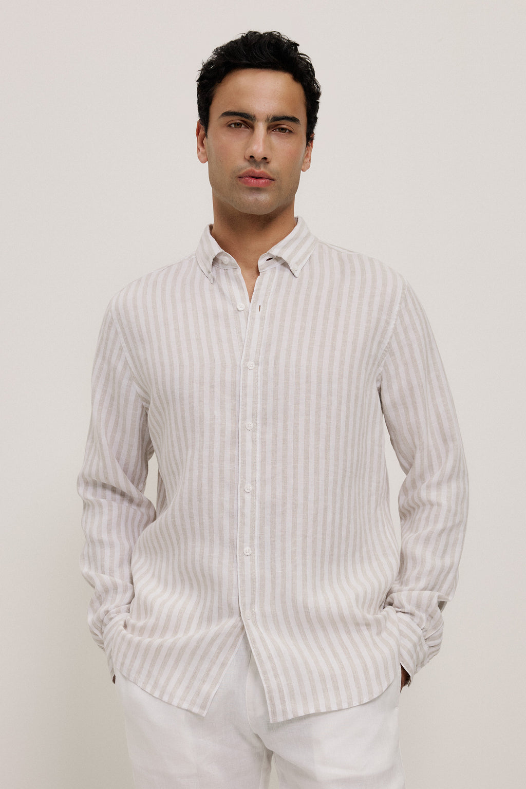 Yarn Dyed Linen Stripe Long Sleeve Shirt