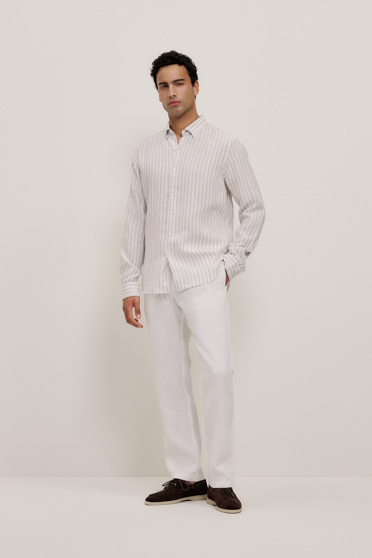 Yarn Dyed Linen Stripe Long Sleeve Shirt