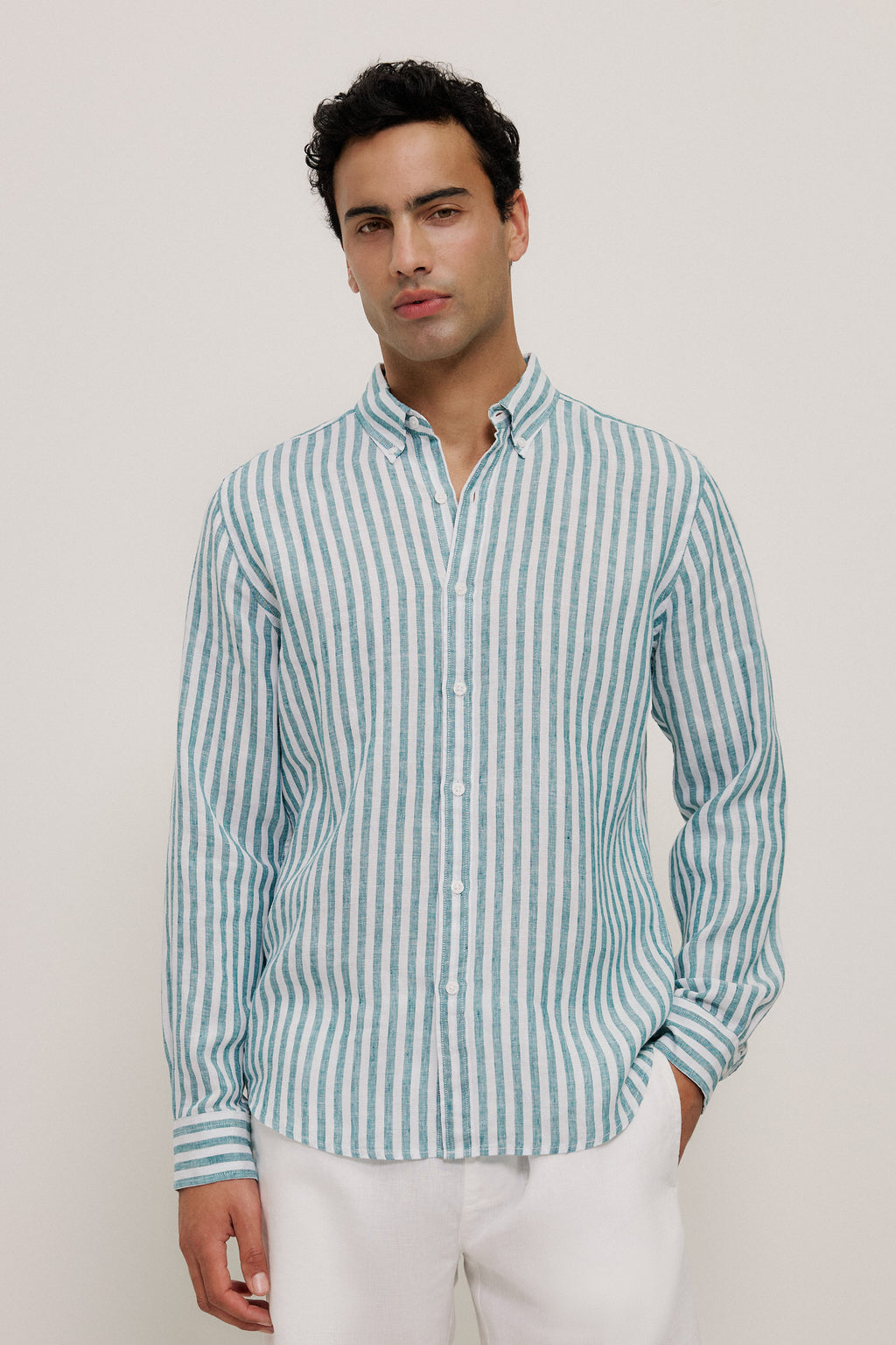 Yarn Dyed Linen Stripe Long Sleeve Shirt