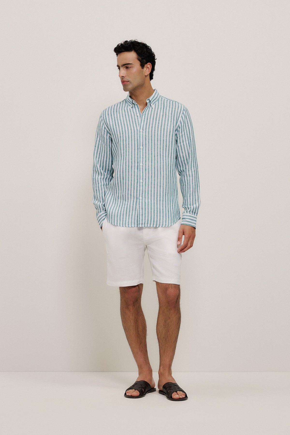 Yarn Dyed Linen Stripe Long Sleeve Shirt